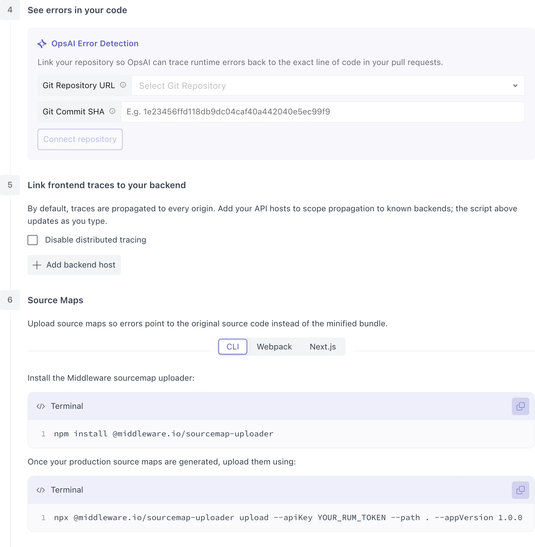 Optional steps for a Browser application: See errors in your code, Link frontend traces to your backend, and Source maps
