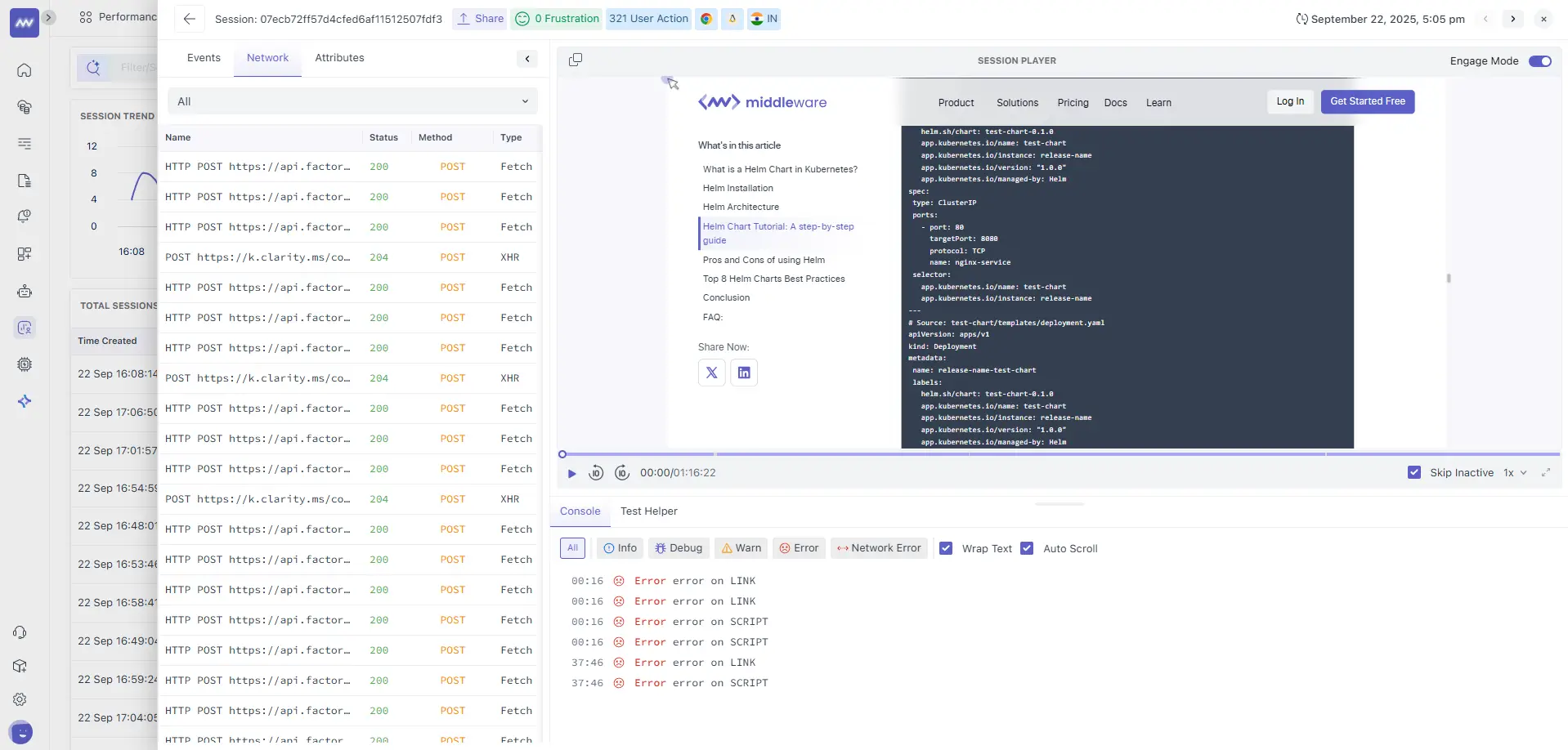 Session Explorer Network tab showing network requests, responses, and load times for a user session