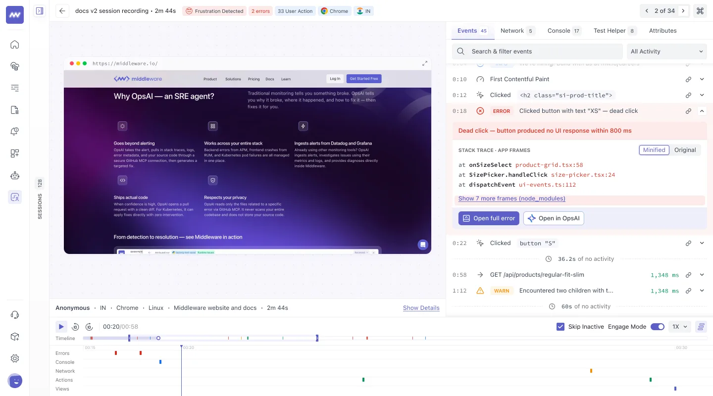 An error row expanded in the Events tab, showing the dead-click banner, the app frames of the stack trace with a Minified/Original toggle, and the Open full error action