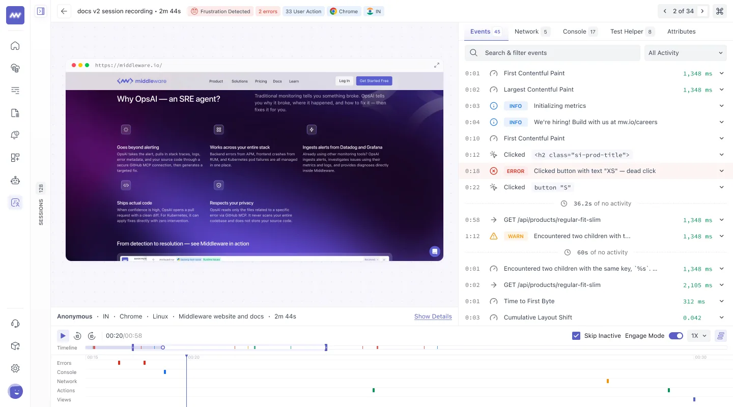 Middleware RUM Session Inspector showing the session replay on the left, the Events stream on the right, and the five-lane timeline below