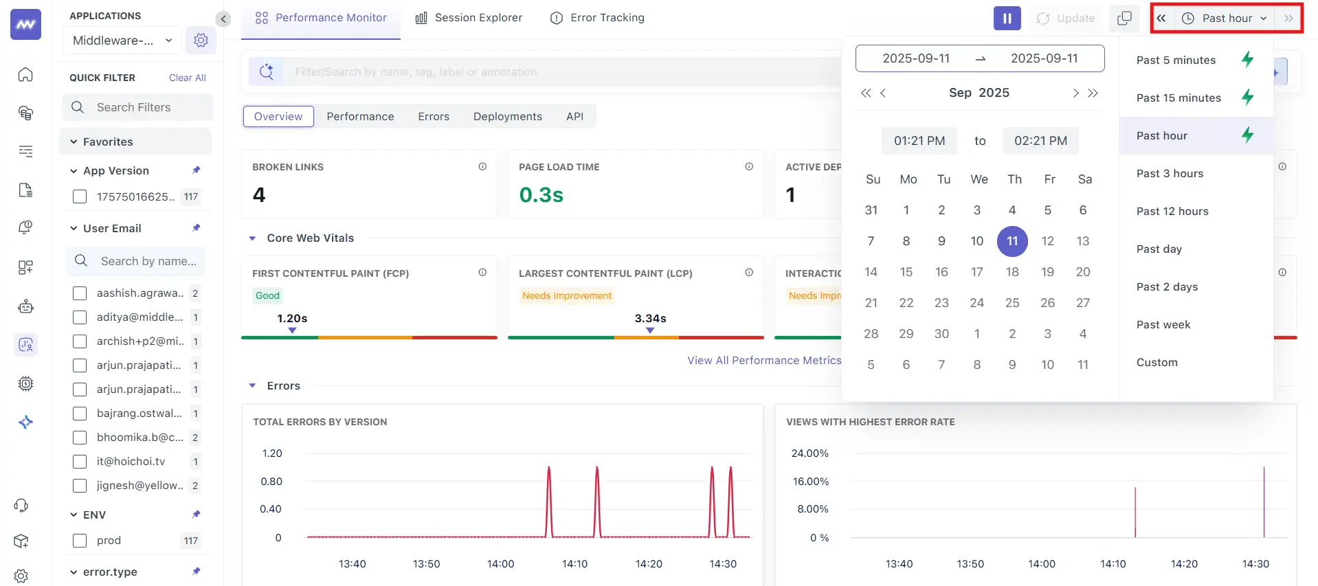 Time range selector for filtering RUM performance data