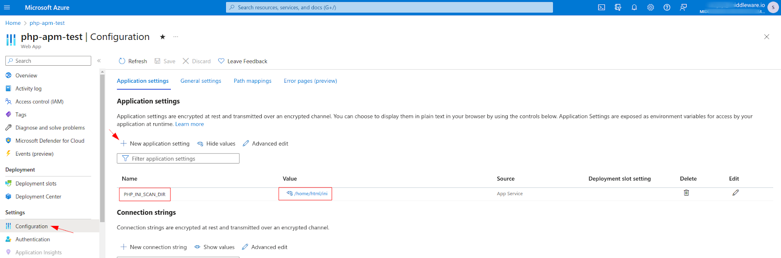 Configuration settings in Azure