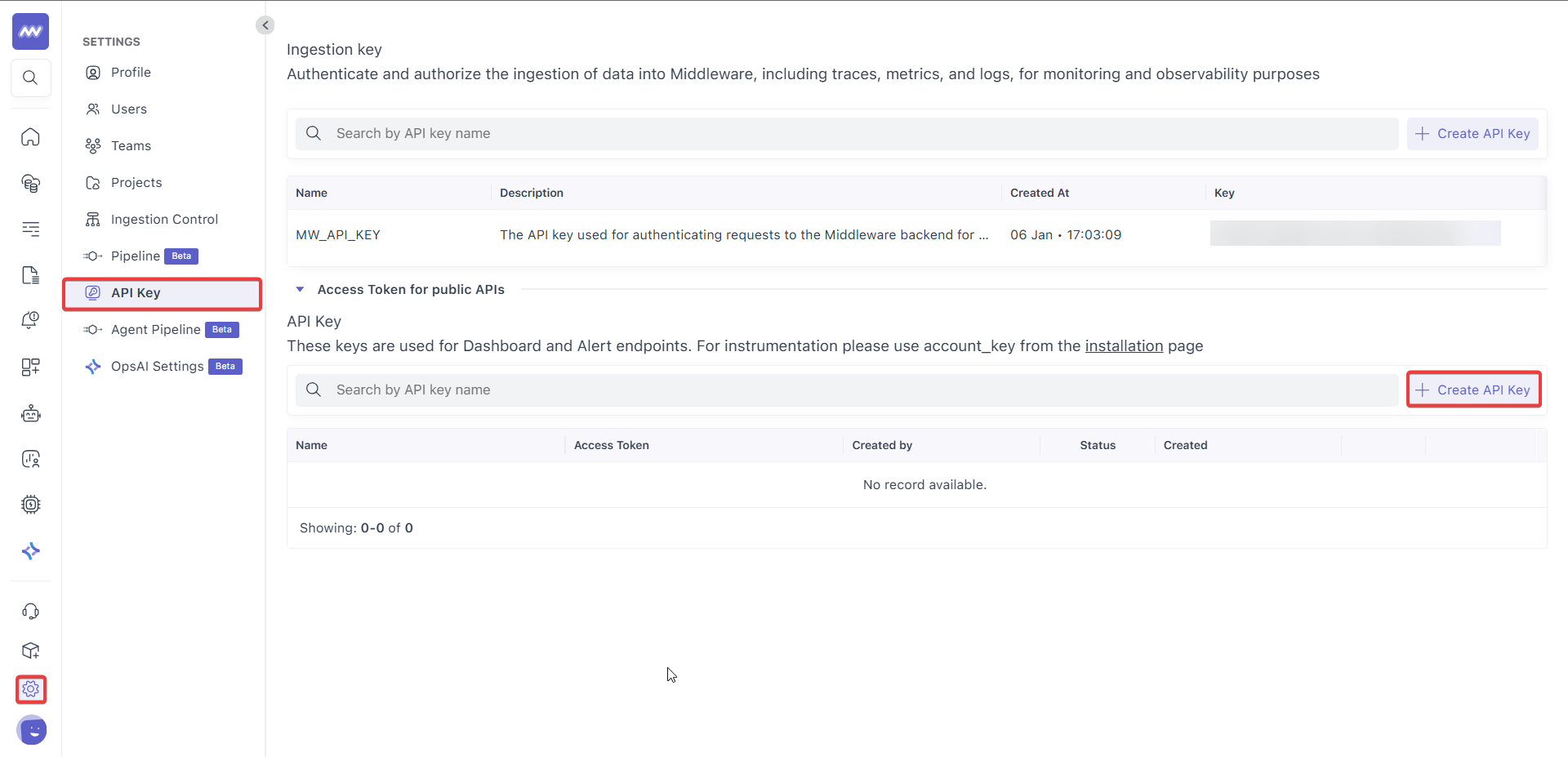Middleware API Keys Settings