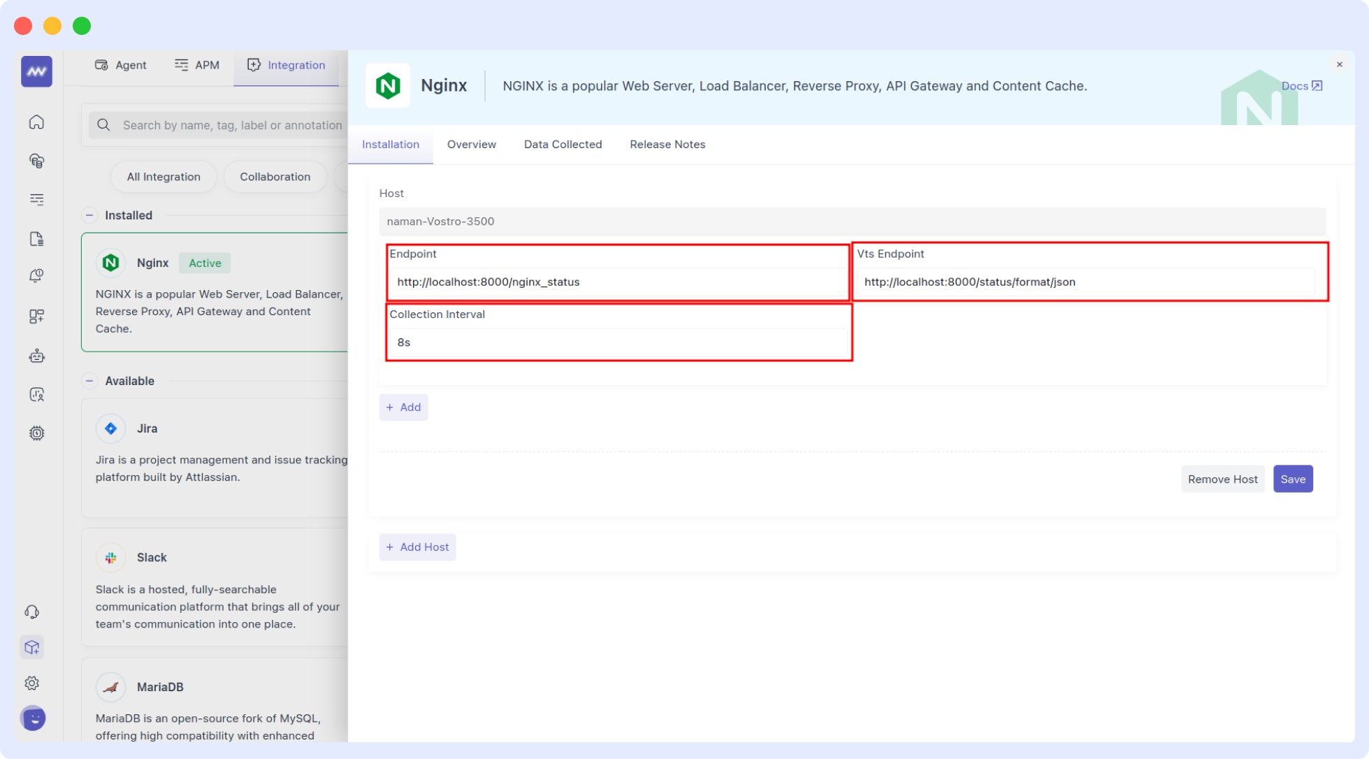 Apache Integration Screen