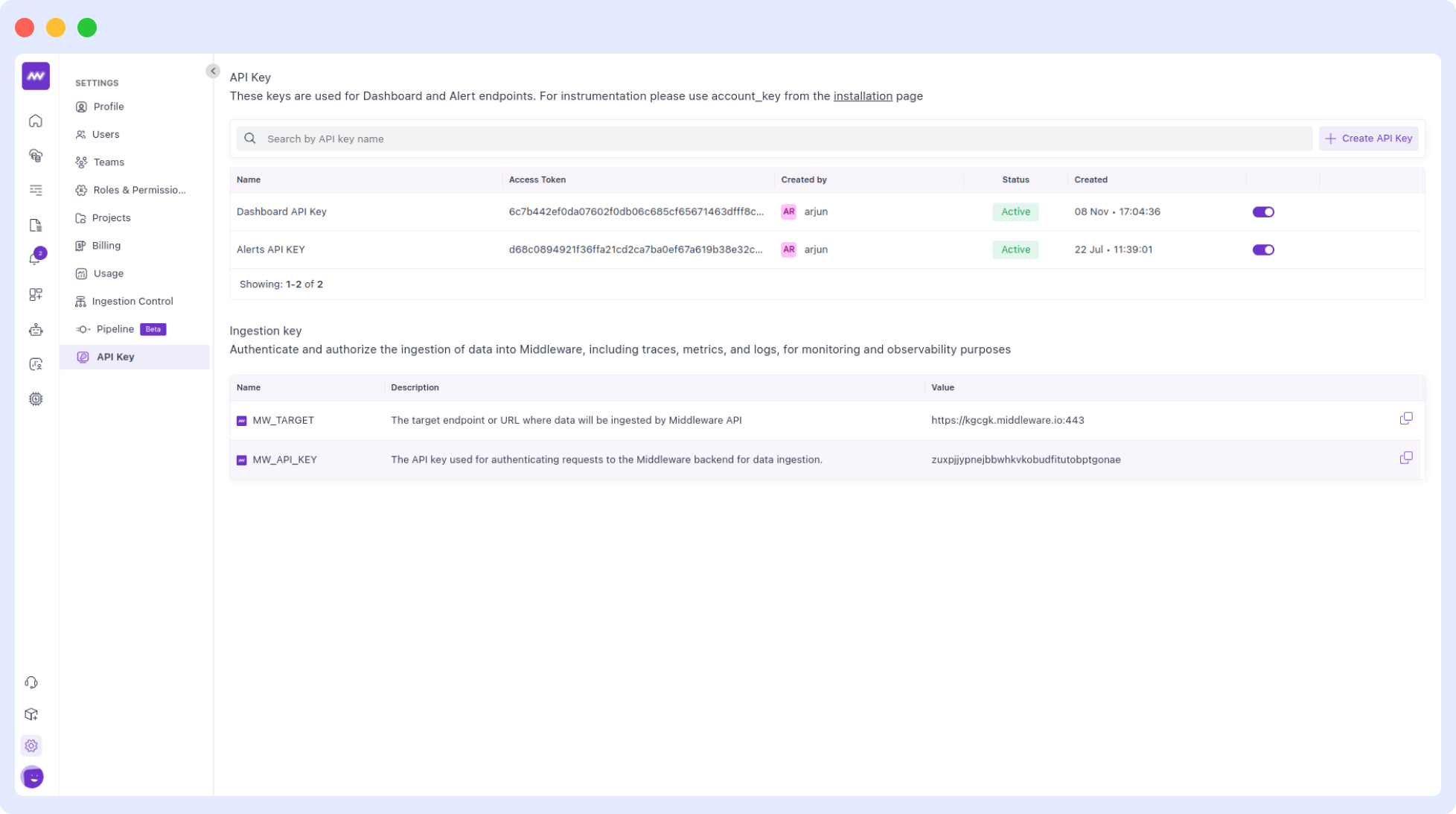 API Ingestion Keys