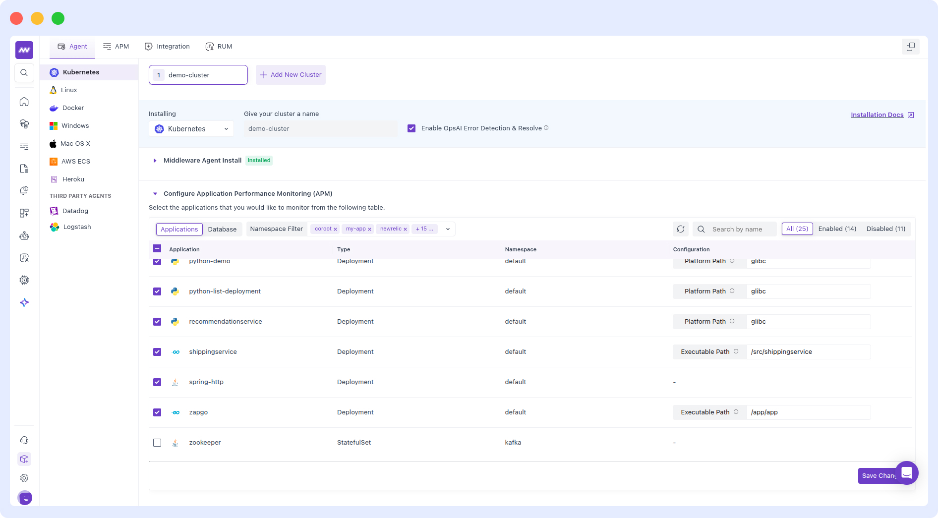 Middleware UI showing detected workloads for auto-instrumentation