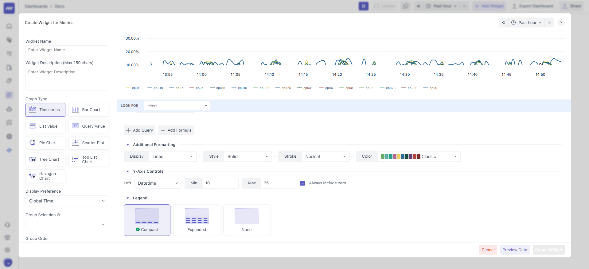 Legend configuration to display metric labels and color mapping.