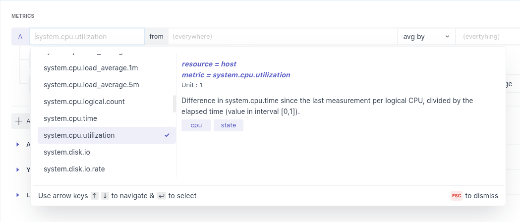 Metric selection interface to choose which data to display in a widget.