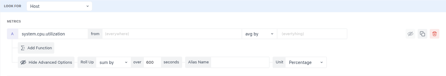 Roll-up configuration box for summarizing data over time or groups.