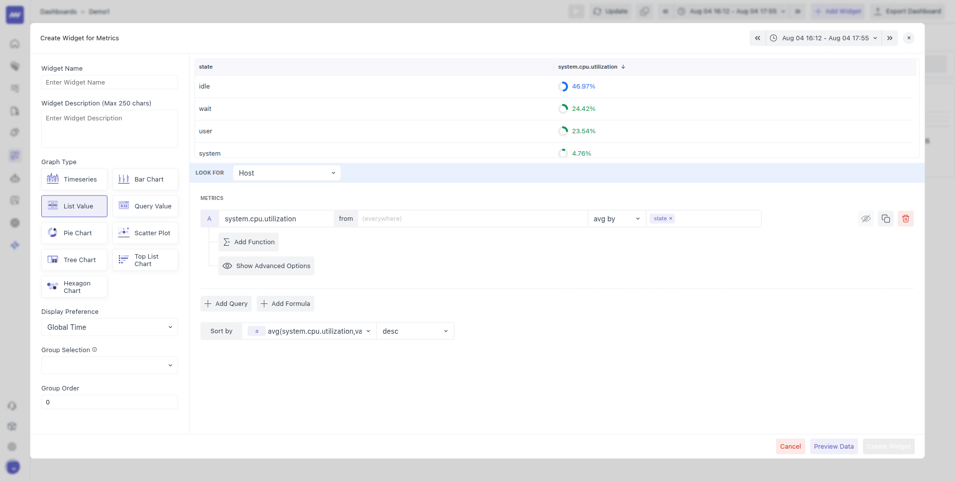 Sort data options to order results by value or timestamp.