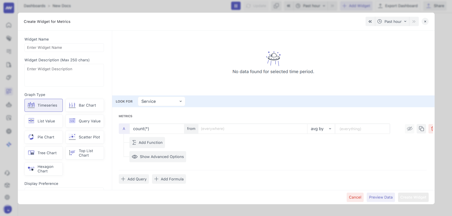 Widget editor interface showing options to configure and understand dashboard widgets.